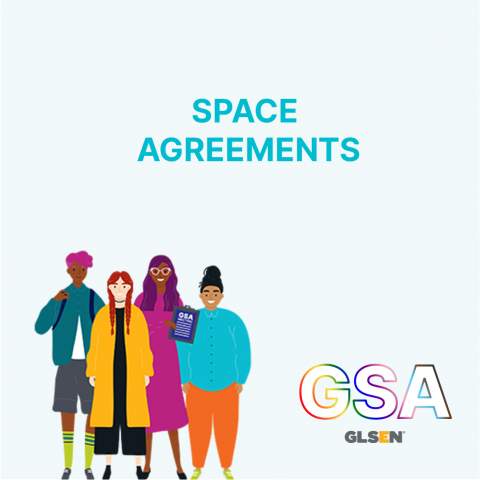 Text says Space Agreements. There is an illustration of a diverse group of students and educators.